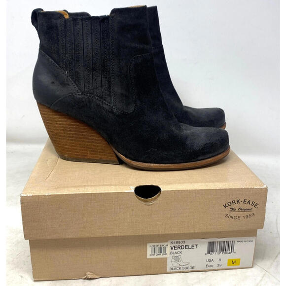 Kork Ease Verdelet Black Distressed Suede Wedge Heel Chelsea Bootie 8 M - Picture 1 of 14